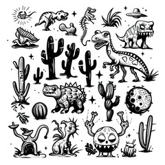 Desert Dwellers - Creatures of Arid Lands. Sticker Collection. Multiple. Vector Icon Illustration. Icon Concept Isolated Premium Vector. Line Art. Black Outline. White Background. 