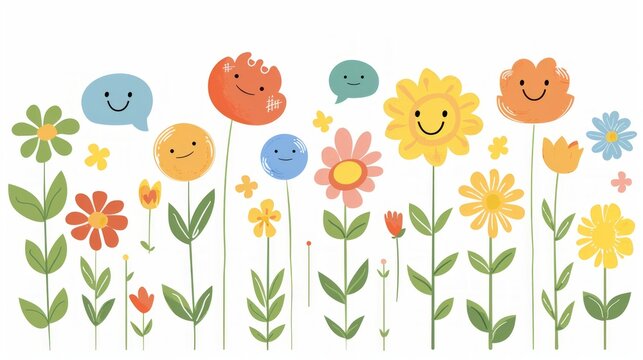 Vector illustration of simple cartoon flowers with speech bubbles and happy face against white background