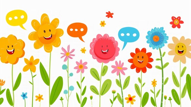 Vector illustration of simple cartoon flowers with speech bubbles and happy face against white background