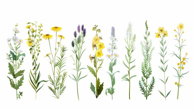 Wild flowers vector collection. herbs, herbaceous flowering plants, blooming flowers, subshrubs isolated on white background. Hand drawn detailed botanical vector illustration.