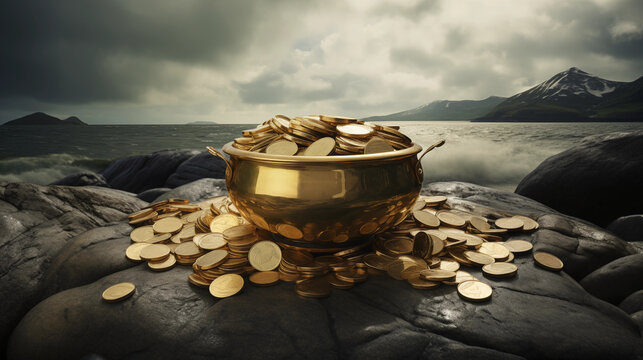Gold pot with coins on Irish landscapes Background. Generative Ai