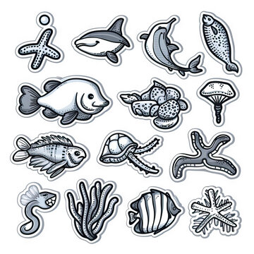 Ocean Odyssey - Marine Life from Every Sea. Sticker Collection. Multiple. Vector Icon Illustration. Icon Concept Isolated Premium Vector. Line Art. Black Outline. White Background.