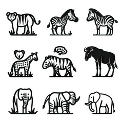 Fototapeta na wymiar Savannah Serenade - Iconic Animals of the Grasslands. Sticker Collection. Multiple. Vector Icon Illustration. Icon Concept Isolated Premium Vector. Line Art. Black Outline. White Background. 