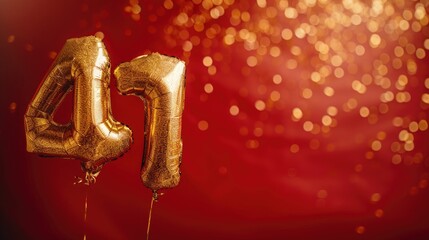 Naklejka premium Gold foil balloon number, digit forty. Birthday greeting card with inscription 40. Anniversary celebration event. Banner. Golden numeral, red background. Numerical digit, light bokeh, glitter