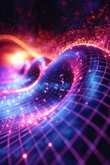 Vibrant digital wave landscape with particles. A high-quality 3D render of a dynamic digital wave landscape with illuminated particle dots creating a cosmic atmosphere.