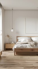 a modern bedroom ambiance, characterized by oak and white furniture, and unadorned walls