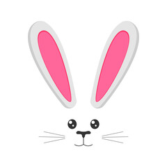 Cute bunny muzzle with ears, eyes, nose, mouth and mustaches. Props for Easter party or photo shoot, design elements for greeting or invitation card, celebration banner. Vector flat illustration