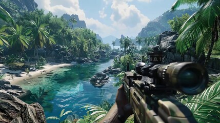 First-person shooter view in tropical island made with Ai generative technology - obrazy, fototapety, plakaty