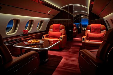 Interior of the airplane with red seats and red armchairs. Interior of a modern luxury private jet. millionaire rich lifestyle. Inside of a elegant business jet.