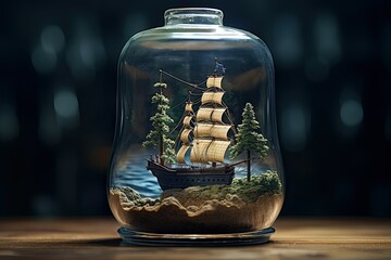 Sailing ship in a glass jar on a wooden table. ship in a bottle floats a top blue sea water. 3d rendering.