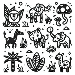 Wildlife Wonders - Fauna Fantasia. Sticker Collection. Multiple. Vector Icon Illustration. Icon Concept Isolated Premium Vector. Line Art. Black Outline. White Background. 