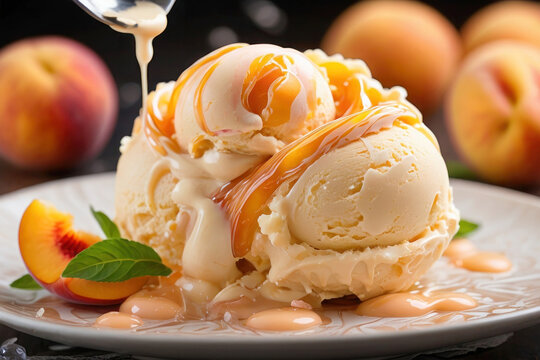 Bright multi-colored advertising photo, banner. Appetizing peach ice cream with syrup, creamy dessert in a plate.