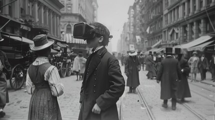 Streets of New York City in the 1890s, shot with a very old film camera, a kid wearing a VR headset, black and white made with Ai generative technology 