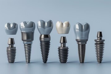 3D rendering of various types of dental implants on a clear background, comparison view