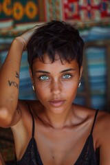 Beauty woman with blue eyes and short hair in summer