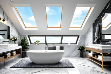 Stylish bathroom interior design with marble panels. Bathtub, towels and other personal bathroom accessories. Modern glamour interior concept. Roof window. Template. Modern bathroom interior