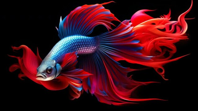 The slow movement of a beautiful colored betta fish. Siamese fighting fish isolated on black background.