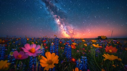 Field of Flowers Under Night Sky - obrazy, fototapety, plakaty
