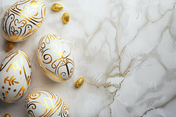 Elegant White and Gold Decorated Easter Eggs on a Luxurious Marble Background, Exquisite Holiday Decor - obrazy, fototapety, plakaty