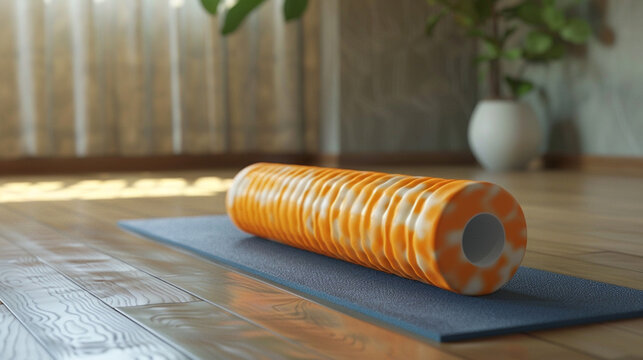 A foam roller lying on a yoga mat