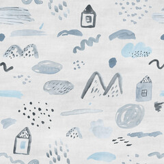 Cute seamless pattern. Watercolor childish background with houses, mountains, river and lakes. Vintage style.