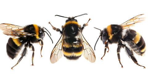 Collection of a flying bumblebee, bee and wasp isolated on a white or transparent background - obrazy, fototapety, plakaty