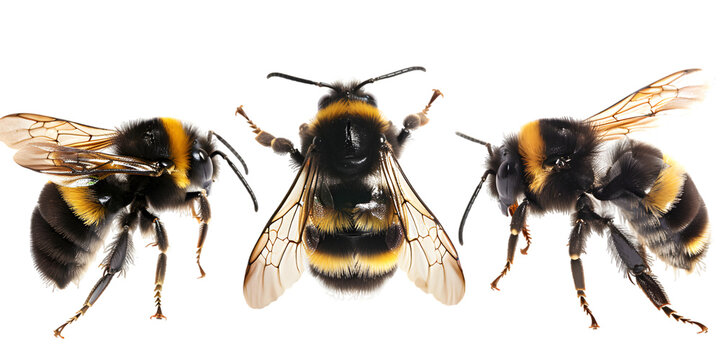 Collection of a flying bumblebee, bee and wasp isolated on a white or transparent background