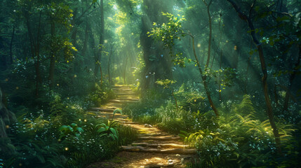 Sunlight filters through the trees on a serene path in a lush green forest.