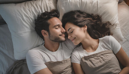 Portrait of a happy couple sleeping in bed during sunrise - obrazy, fototapety, plakaty