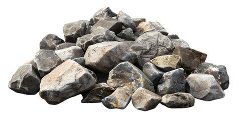 Scattered pile of stones ground on white or transparent backgrounds 3d render png