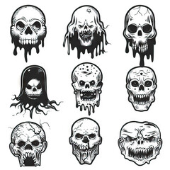 Creepshow Collection - Horrifying Highlights. Sticker Collection. Multiple. Vector Icon Illustration. Icon Concept Isolated Premium Vector. Line Art. Black Outline. White Background.