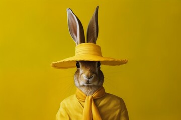 stylish hare in a yellow dress hat