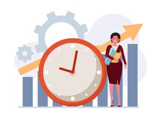 Happy female office employee with documents near huge clock and growing diagram with arrow. Vector illustration. Improving productivity of workers concept 