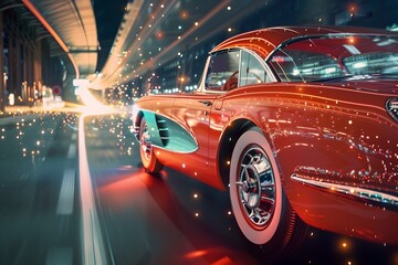 Vintage Red Corvette Driving Through Night, To convey a sense of nostalgia and futuristic glamour with the iconic vintage red corvette - obrazy, fototapety, plakaty
