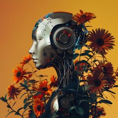 Retro-Futuristic Robot Embraces Nature with Flowers, This image can be used to convey the concept of innovation, harmony between technology and