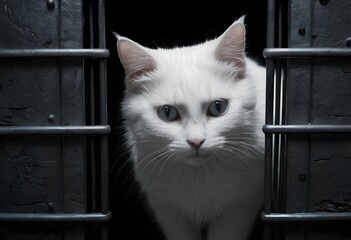 Cat in a dark prison cell. AI created. 