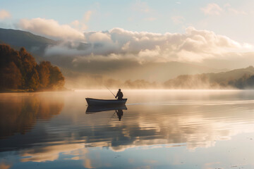 Fischer in einem Ruderboot am frühen Morgen auf einem Bergsee - obrazy, fototapety, plakaty