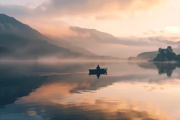 Foto op Canvas Fischer in einem Ruderboot am frühen Morgen auf einem Bergsee © Markus Keller