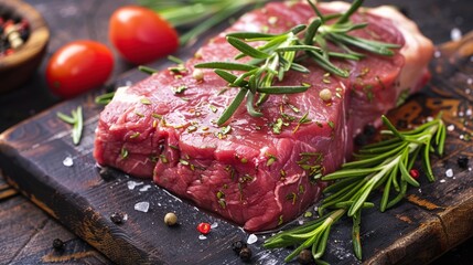 Fresh raw beef steak seasoned with herbs and spices, epitomizing gourmet cooking and culinary expertise, suitable for recipe content, cooking shows, and culinary tutorials - obrazy, fototapety, plakaty