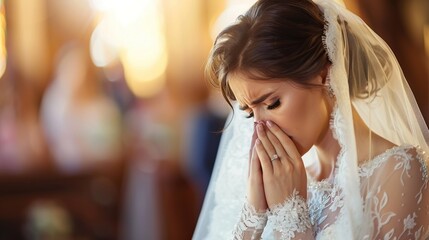 A bride overwhelmed with emotion, her hands covering her face, within a softly lit church, embodying a classic bridal style and the heartfelt sentiment of a wedding day - obrazy, fototapety, plakaty