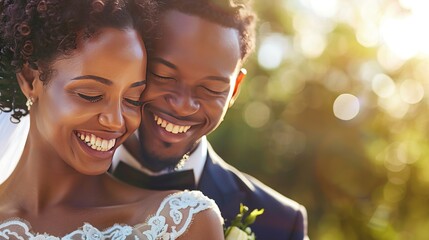A heartwarming embrace between the bride and groom radiates joy, with natural backlight highlighting their smiles, suitable for happy wedding stories, and includes space for text. - obrazy, fototapety, plakaty