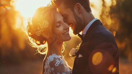 An evocative sunset portrait captures the bride and groom in a tender embrace, bathed in golden light, perfect for romantic wedding visuals - obrazy, fototapety, plakaty