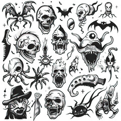 Nightmare Nexus - Horror Iconography. Sticker Collection. Multiple. Vector Icon Illustration. Icon Concept Isolated Premium Vector. Line Art. Black Outline. White Background. 