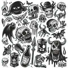 Nightmare Nexus - Horror Iconography. Sticker Collection. Multiple. Vector Icon Illustration. Icon Concept Isolated Premium Vector. Line Art. Black Outline. White Background. 