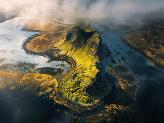 Luftbild von eine vulkanisch geprägten Seenlandschaft mit wolkenverhangenem Gebirge im Hintergrund - obrazy, fototapety, plakaty