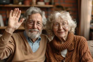 Sixty years couple, elderly parents communicates with grown up children using modern technologies makes video call, wave hands gesture of hello or goodbye sign
