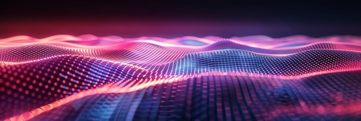 Fototapeta premium Vibrant digital wave landscape with particles. A high-quality 3D render of a dynamic digital wave landscape with illuminated particle dots creating a cosmic atmosphere.