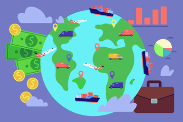 Globe with cargo planes, ships and vans vector illustration. Briefcase, money, diagrams. Logistics, global trade dynamics concept