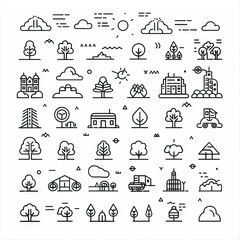 Pixel Panorama - Web Icon Landscapes. Sticker Collection. Multiple. Vector Icon Illustration. Icon Concept Isolated Premium Vector. Line Art. Black Outline. White Background.