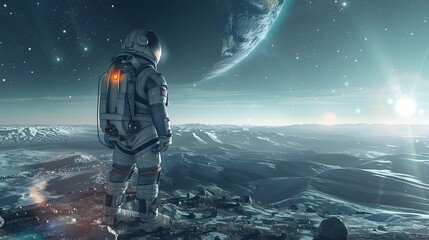 Lone Astronaut Overlooking Space from Mountain, To provide a thought-provoking and visually stunning addition to any sci-fi or adventure-themed